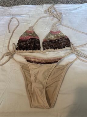 Vix Beige Bikini with Multicolor Bead Embellishment
